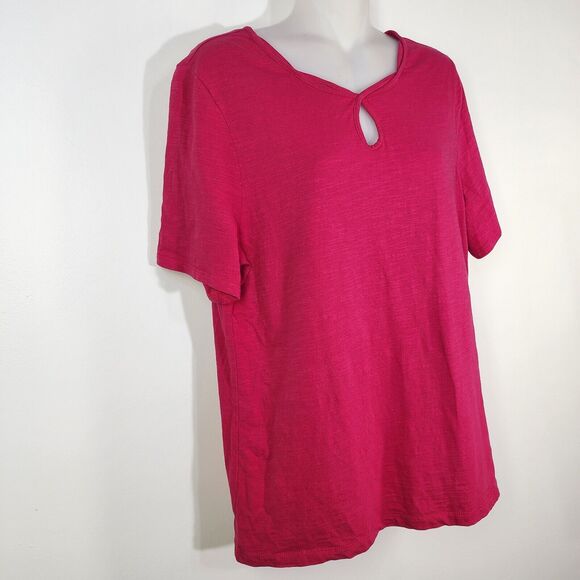 Chico's Womens Top Size 1 Medium Fancy Keyhole Neckline Pink Cotton Short Sleeve - Picture 5 of 10